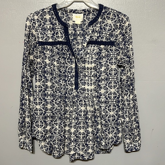 Maeve Abella PinTuck Blouse Crochet Button Up V-Neck Boho Popover Tunic Top Sz 4 - Picture 1 of 6